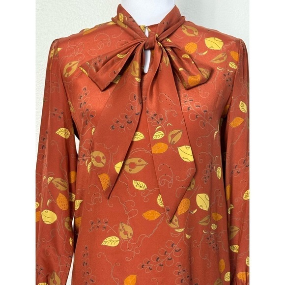 Vintage Charlotte Ford Retro 100% Silk Dress Tie Neck Collar Leaf  Rust Size 4 - Picture 5 of 12